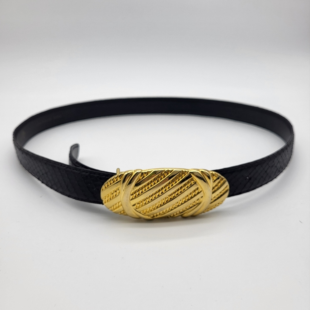 Black Leather Belt with Gold Textured Oval Buckle